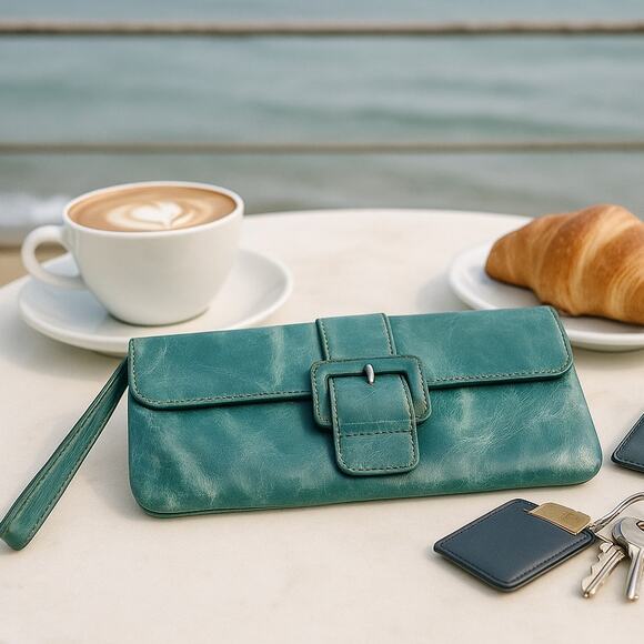 HOBO Teal Glazed Leather Wristlet Clutch | Y2K Patina | Everyday Soft Vintage - Picture 1 of 16